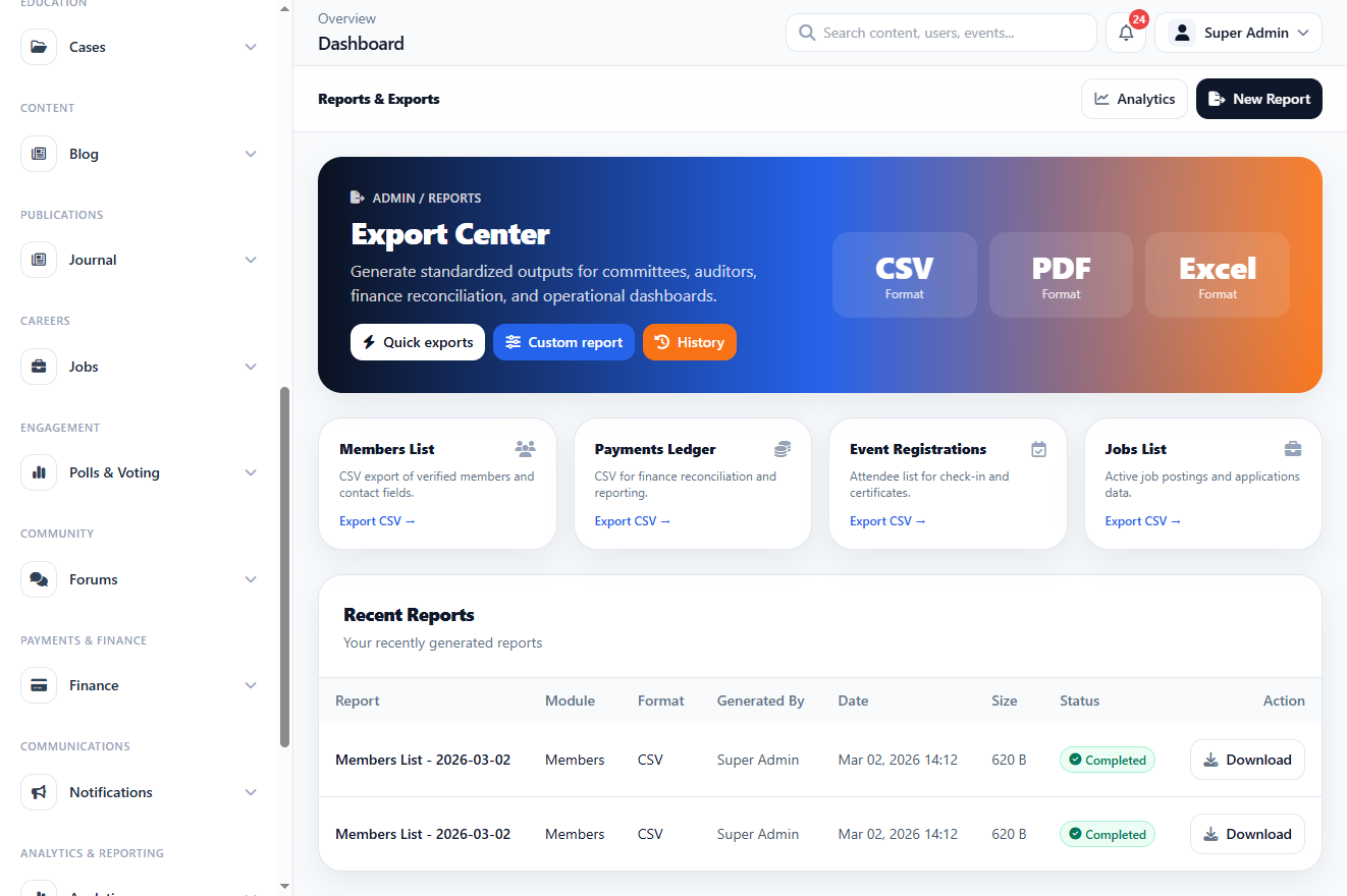 Analytic Export Center interface