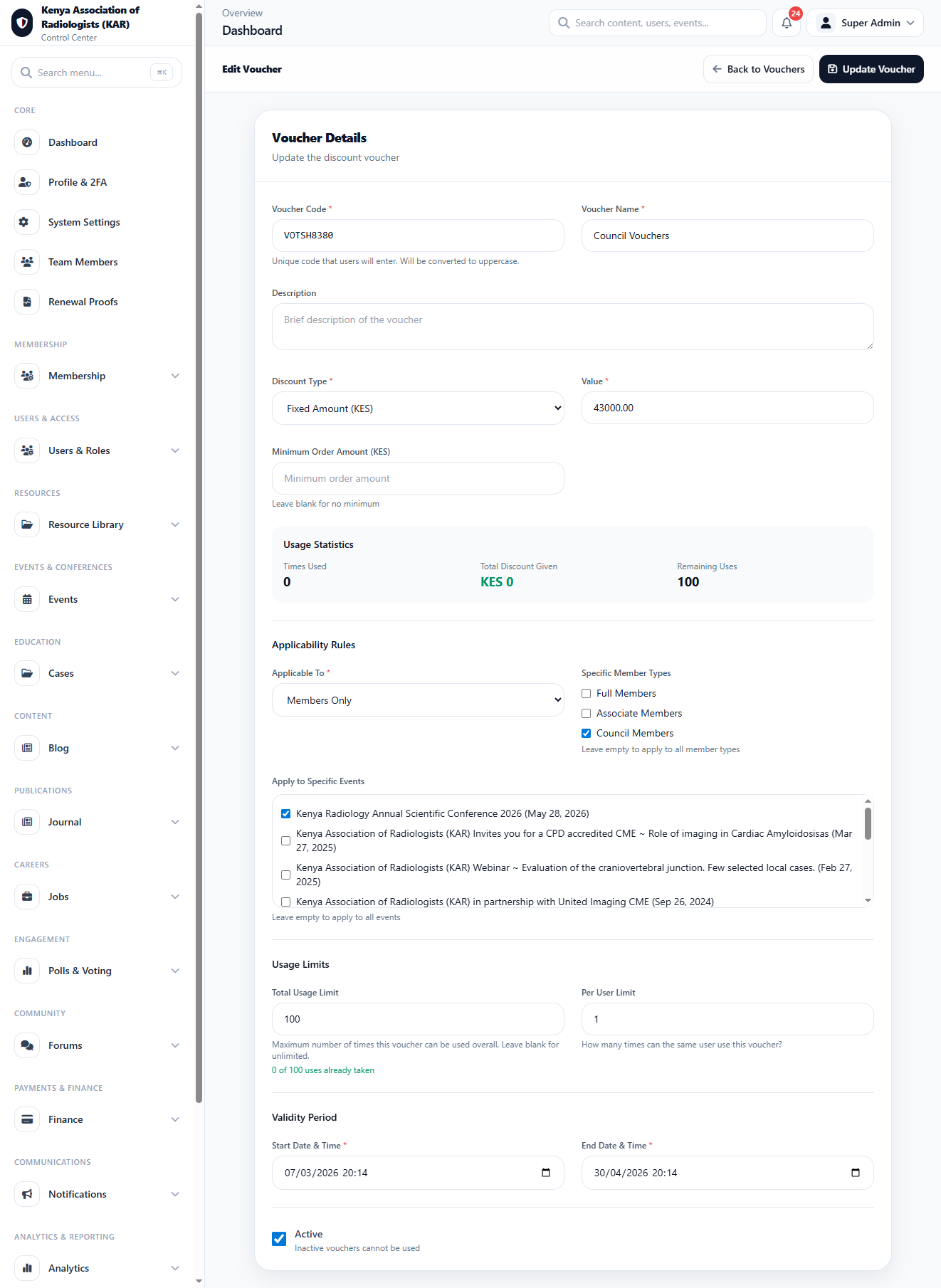 Event Voucher Detail Edit interface