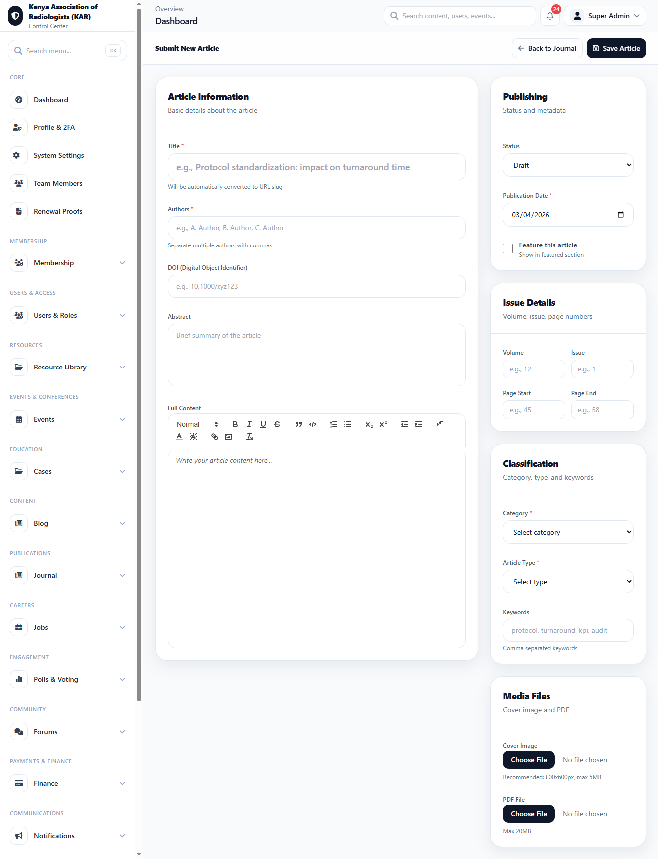 Journal Create interface