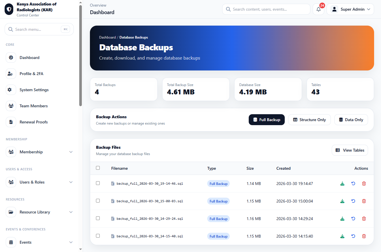 Database Backup interface