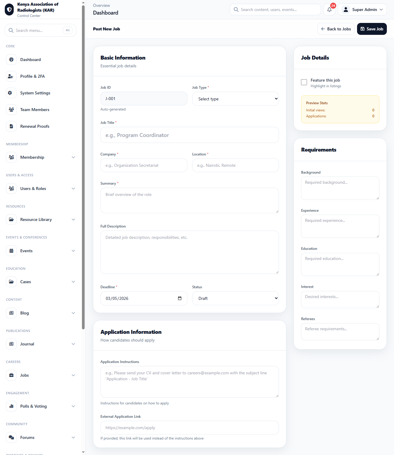 Job Post New Job interface