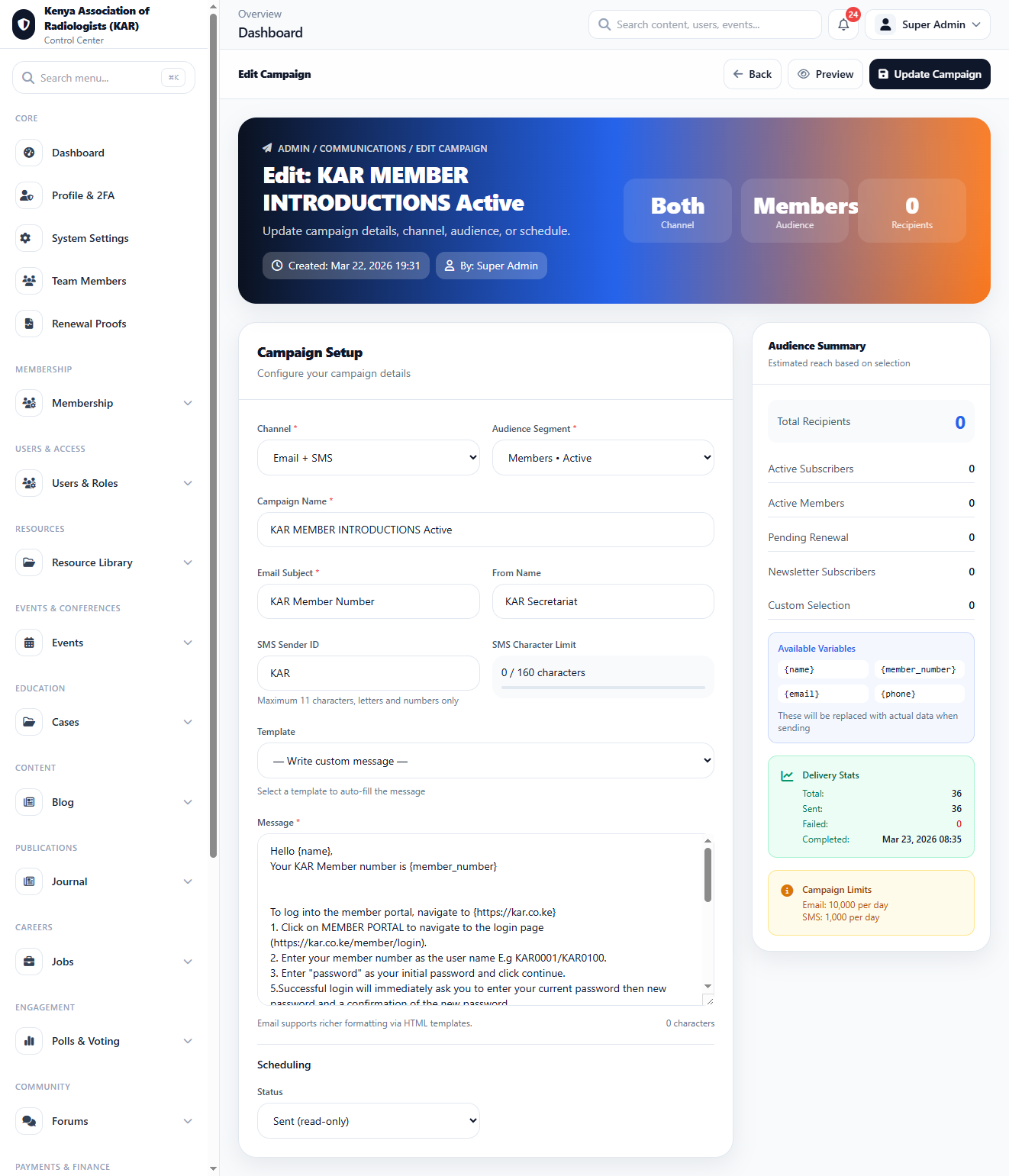 Notification Edit Center interface