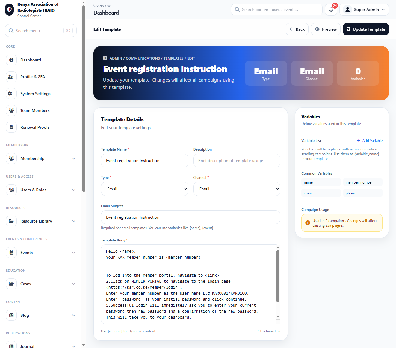 Notification Templates Detail interface