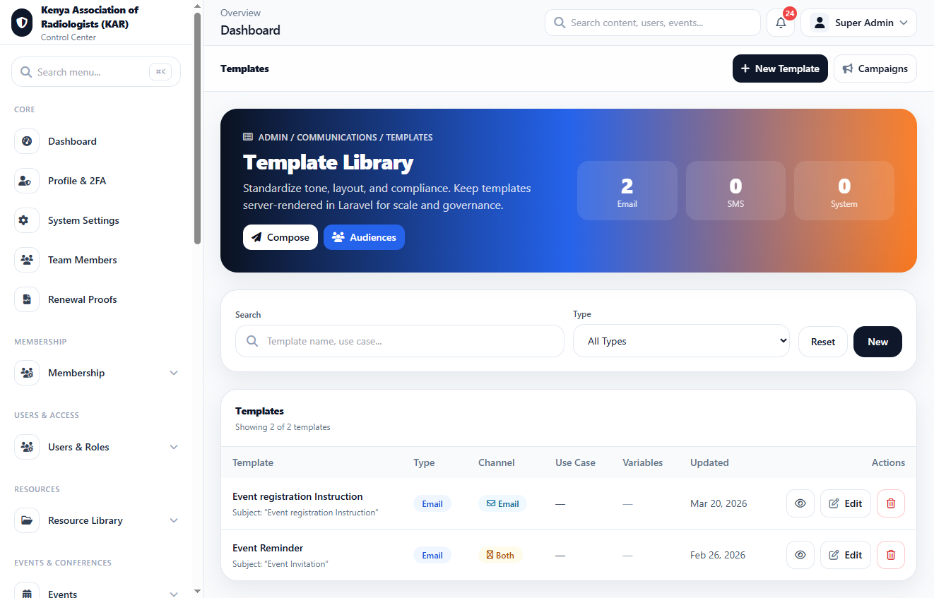 Notification Templates interface