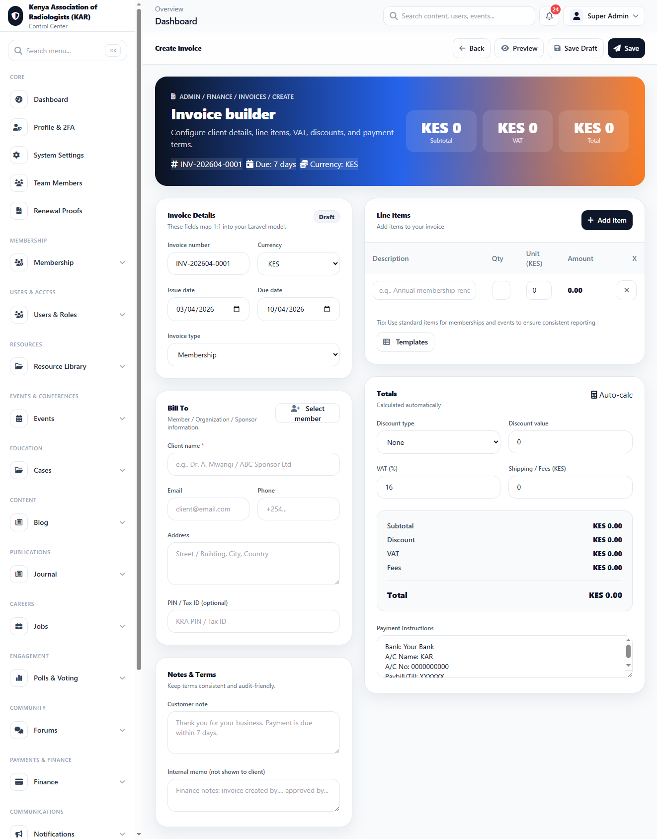 Payment Invoice interface