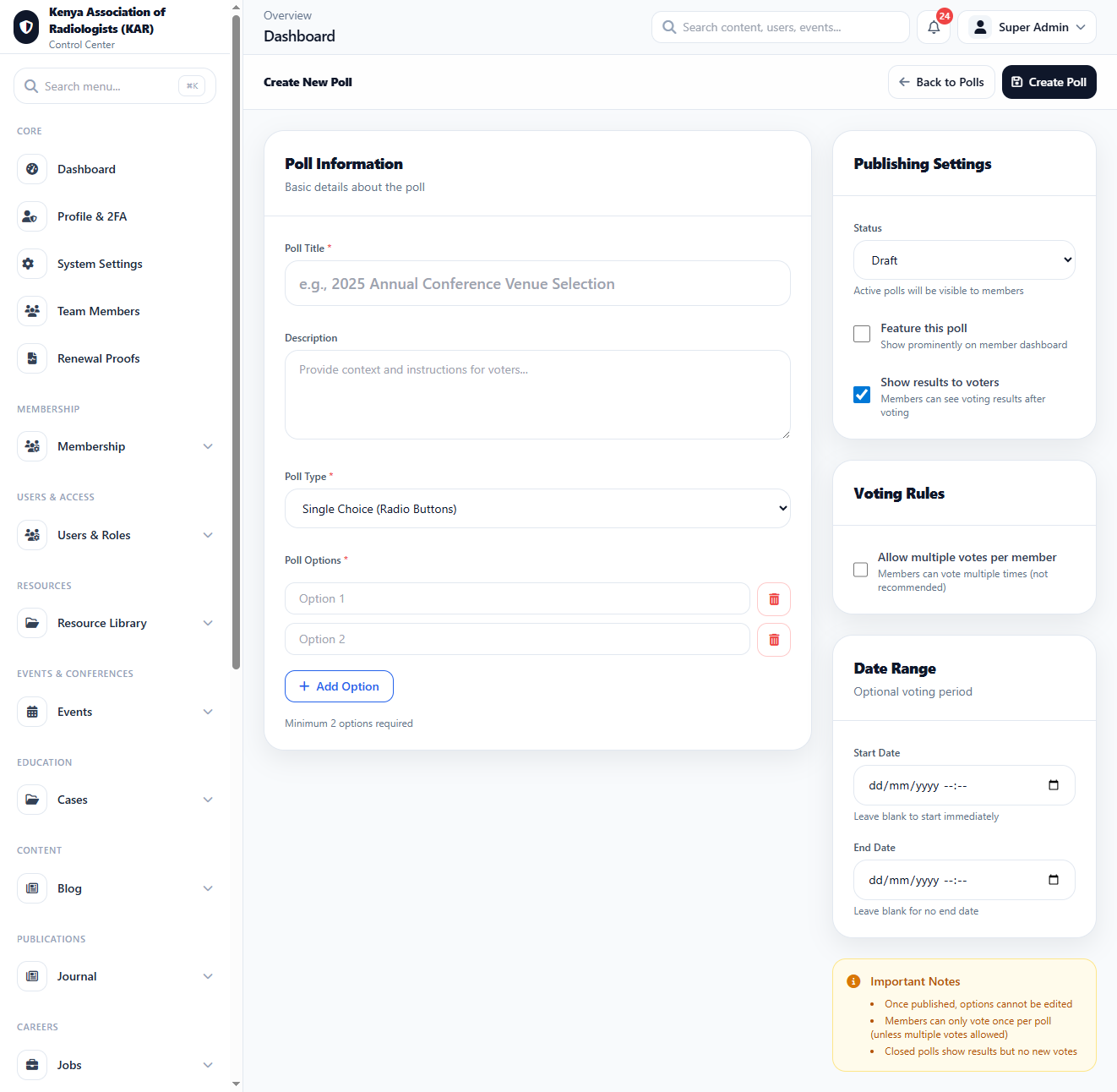 Polls Voting Create interface