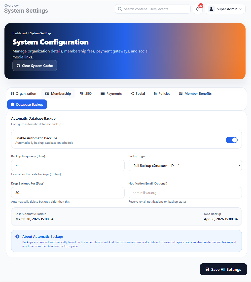 System Setting Database interface