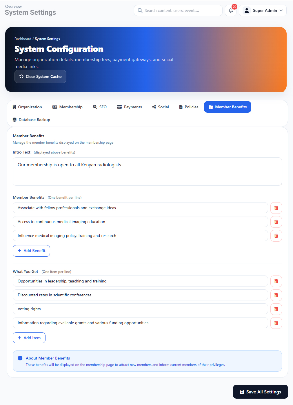 System Setting Member Benefit interface