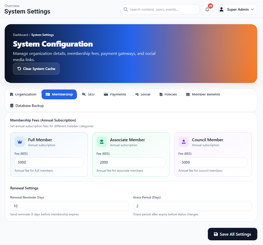 System Setting Membership interface