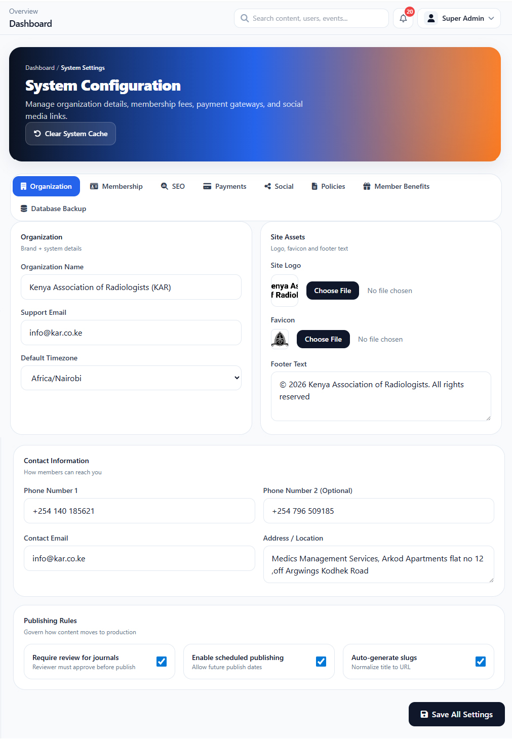 System Setting Organization interface