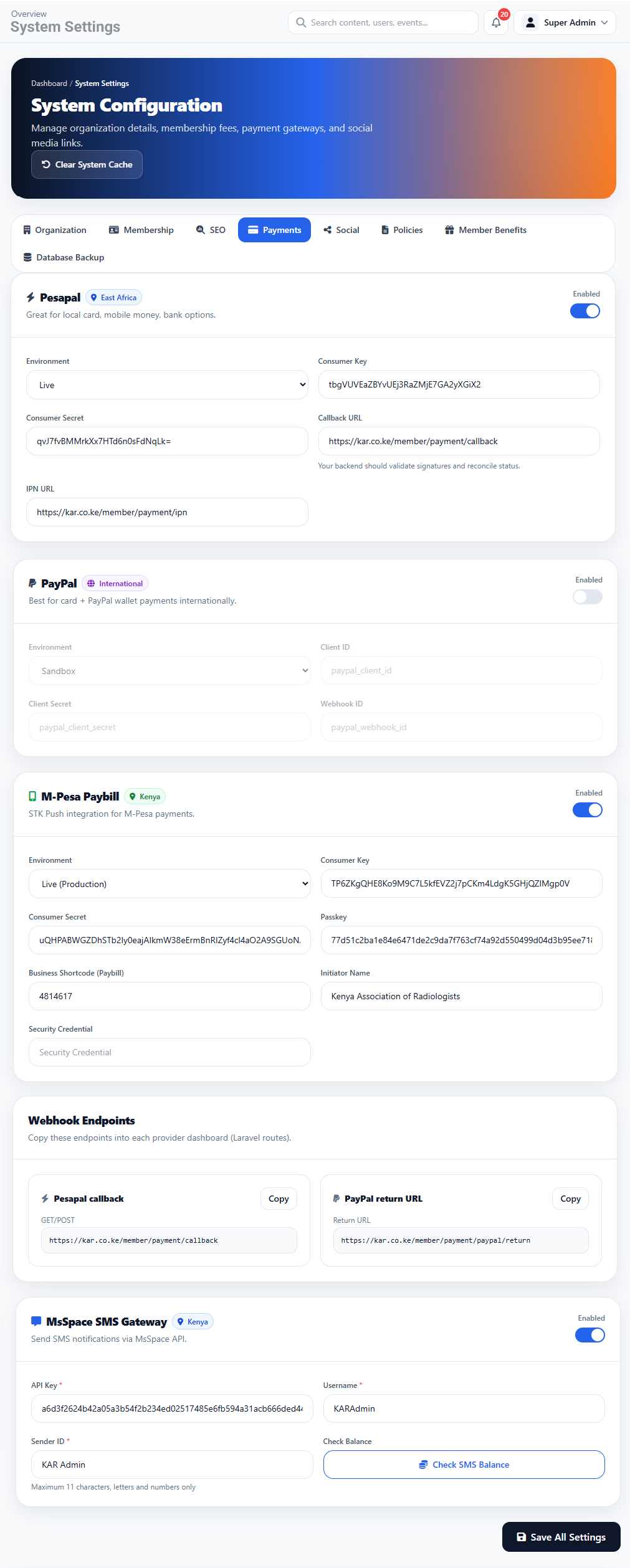 System Setting Payment interface