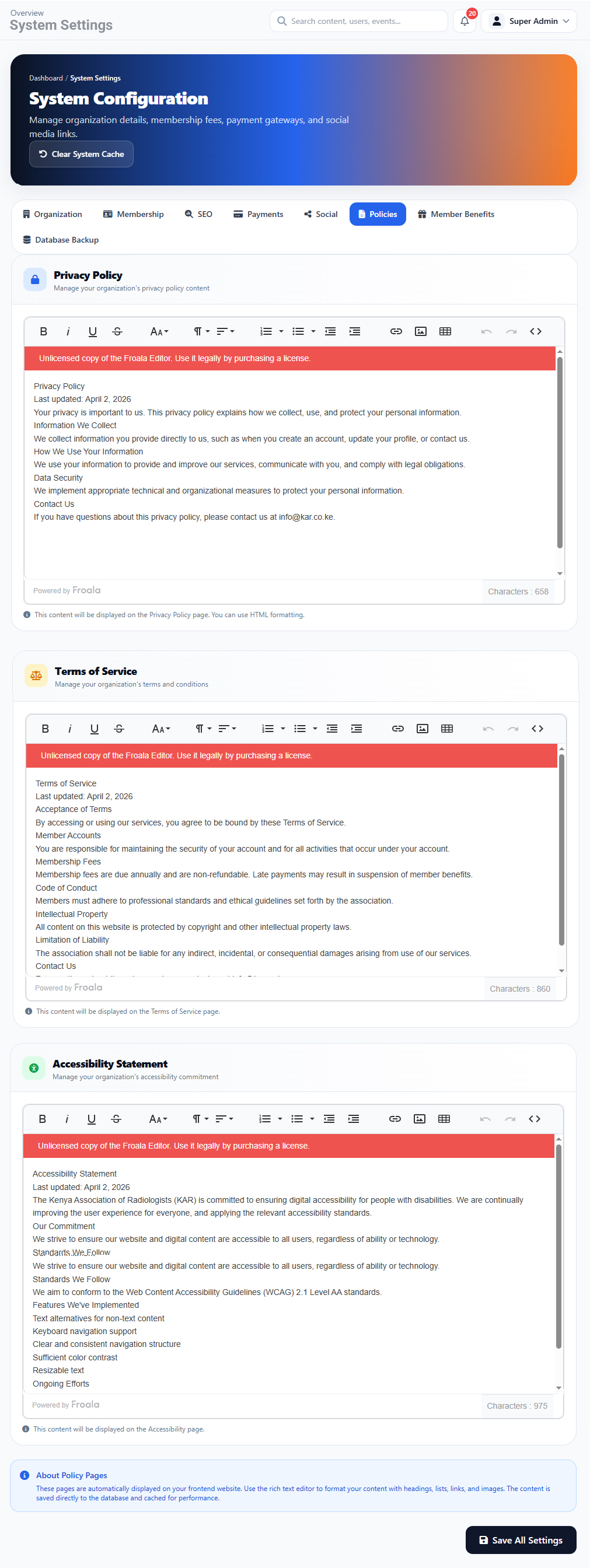 System Setting Policies interface