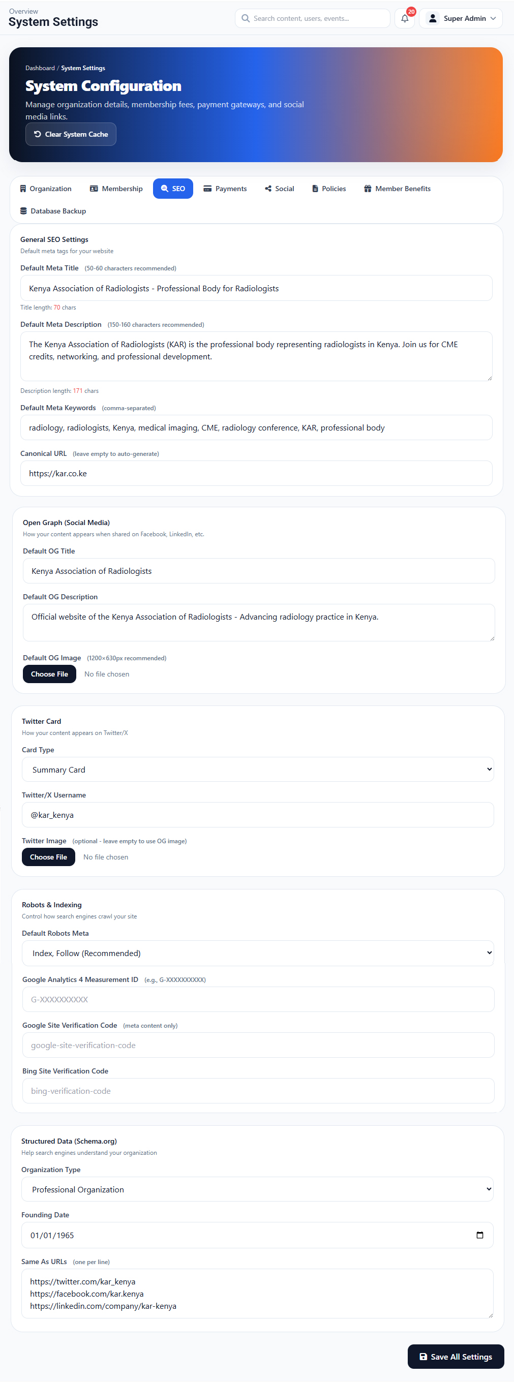 System Setting SEO interface