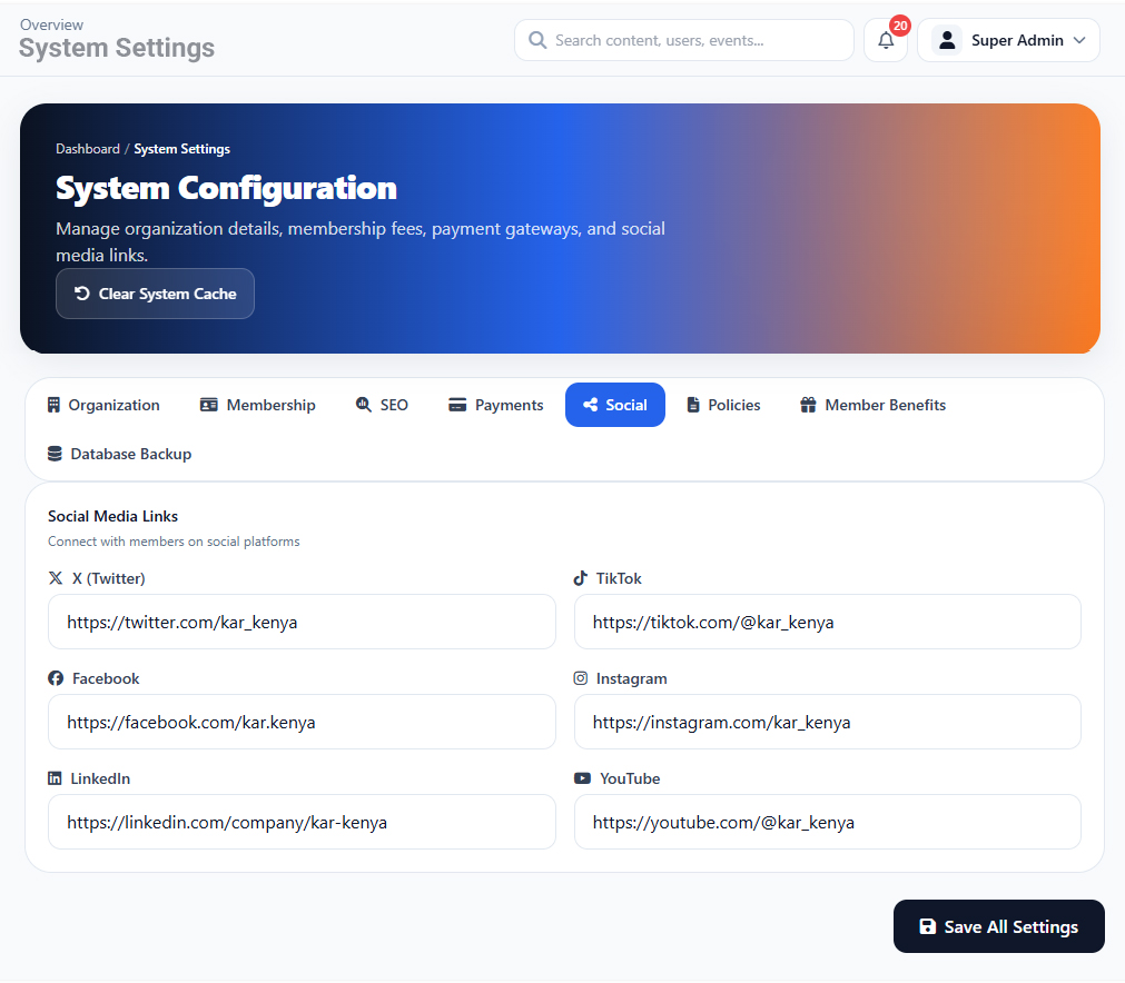 System Setting Social interface